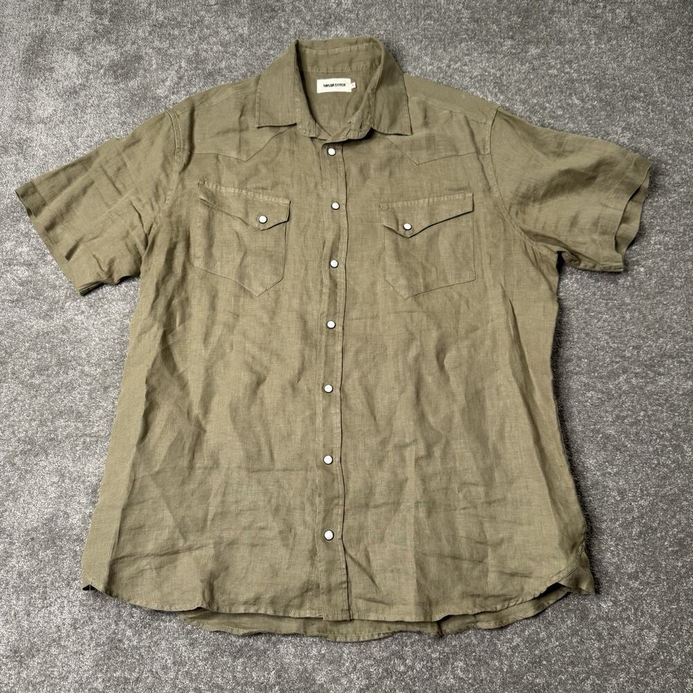 TAYLOR STITCH 100% LINEN‎ Western PEARL SNAP Mens 46 (L/XL US) Shirt Olive Khaki